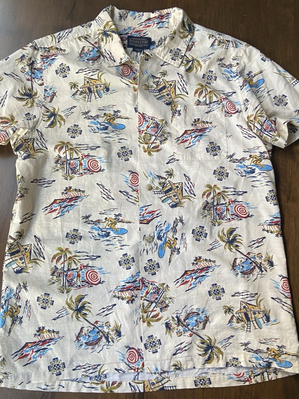 Pendleton Aloha Shirt Mens M Cream Hawaiian Beach Surf Graphic Cotton Button Up